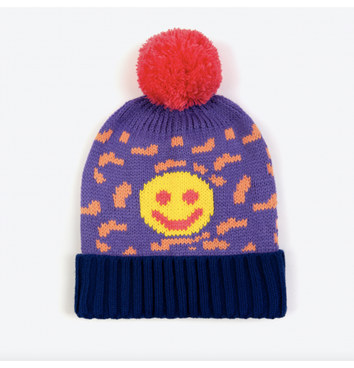 Miss Pompom Smiley Beanie Purple